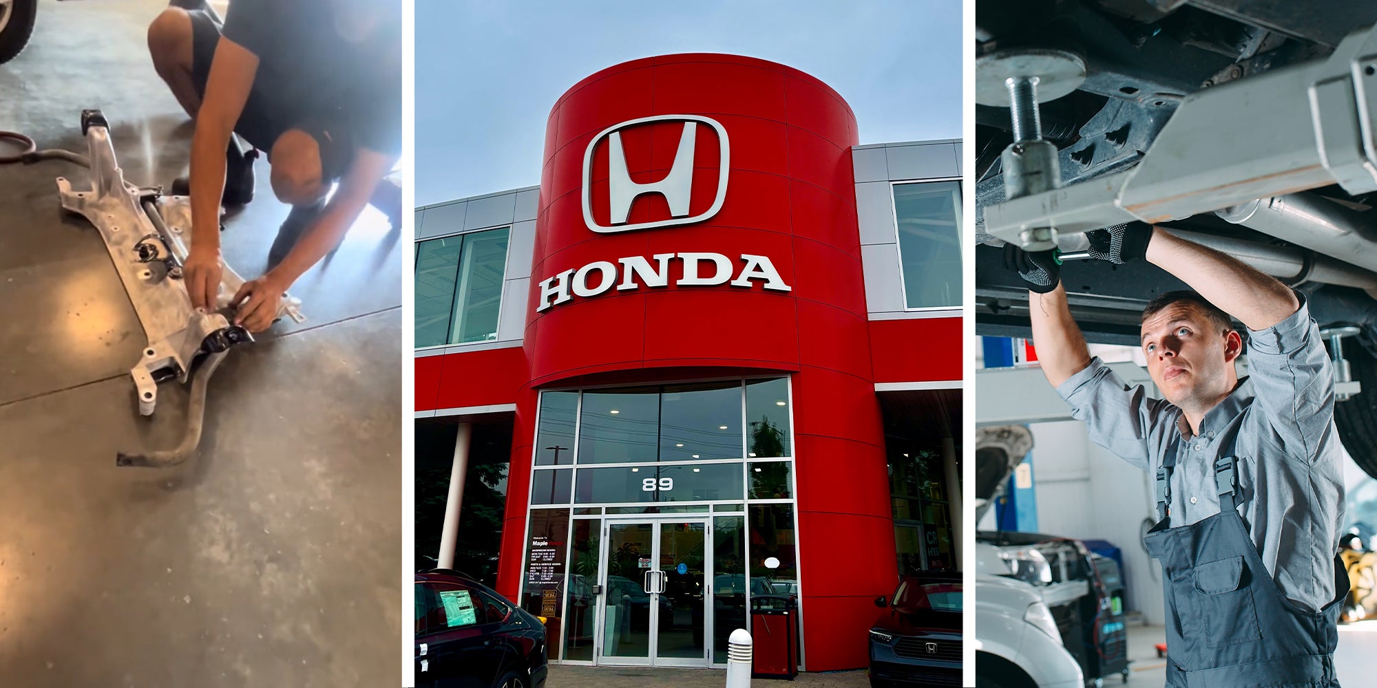 Expert checking vehicle frame(l) Honda Dealer(c) Mechanic checker under car(r)