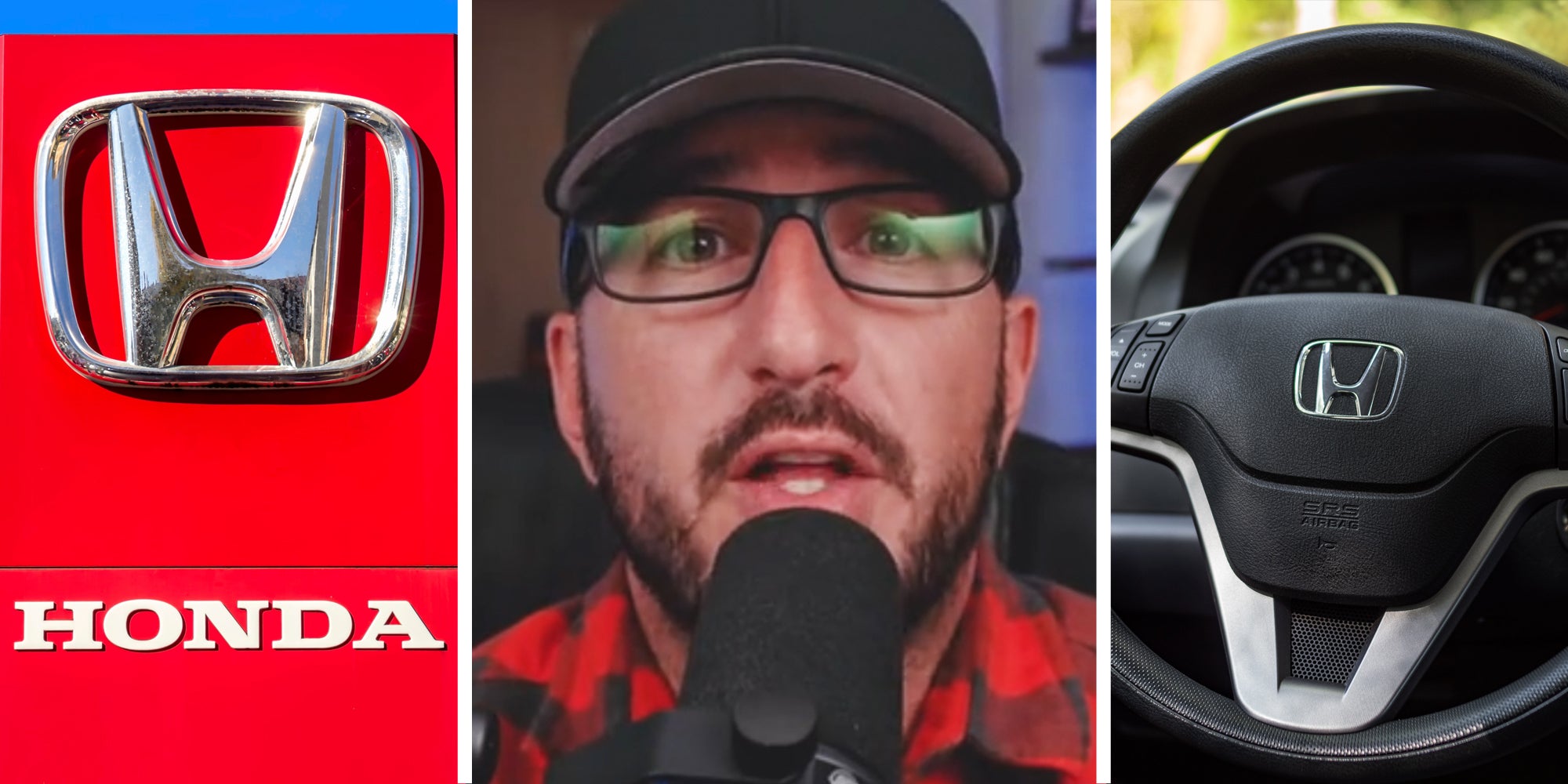 Honda sign(l), Man talking(c), Steering wheel(r)