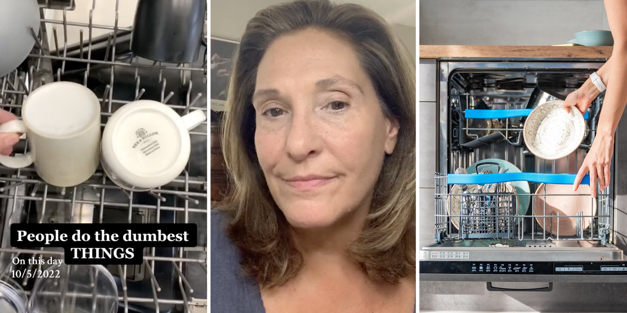 Hands loading mugs in dishwasher(l), Woman talking(c), Hands loading full dishwash(r)
