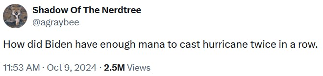 Tweet reading 'How did Biden have enough mana to cast hurricane twice in a row.'