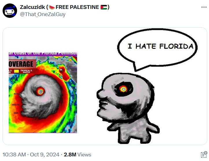 Hurricane Milton meme with the storm drawn as a little guy saying 'I hate Florida.'