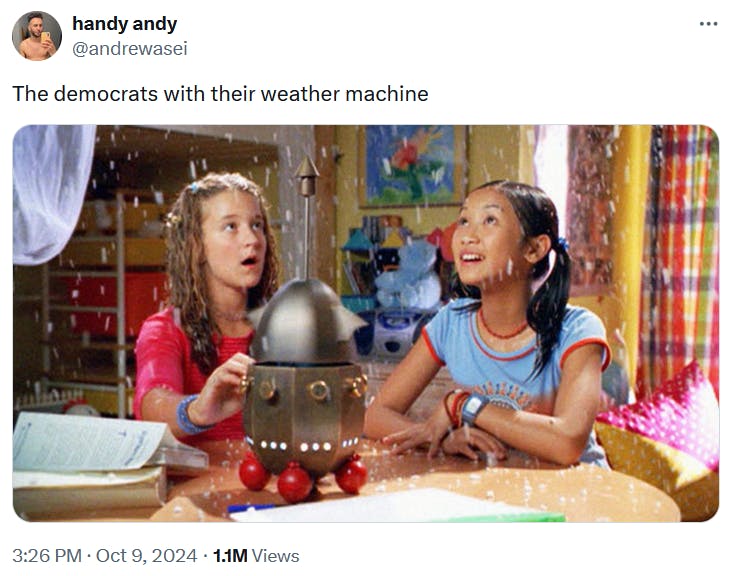 Weather machine meme with an image of two little girls playing with a robot.