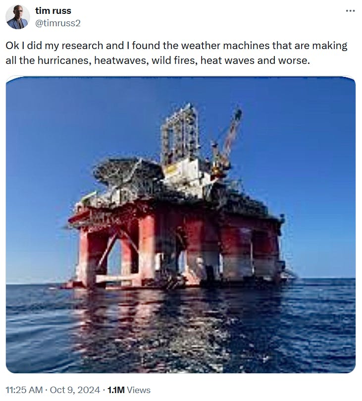 Weather machine meme showing a photo of an oil rig.