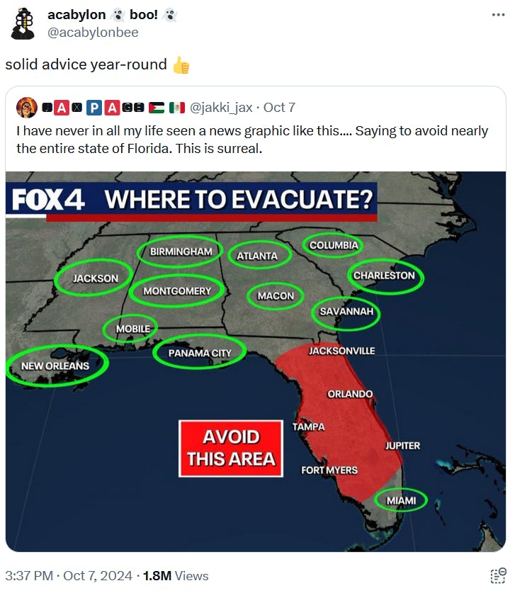 Tweet calling advice to avoid a storm path through Florida good year-round.