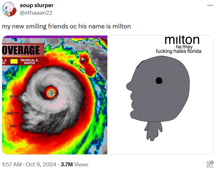 Hurricane Milton meme with the storm drawn as a little guy.