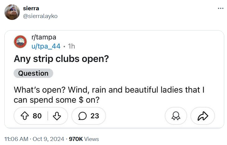 Screenshot of a Quora question asking if there are strip clubs open in Tampa on October 9, 2024.