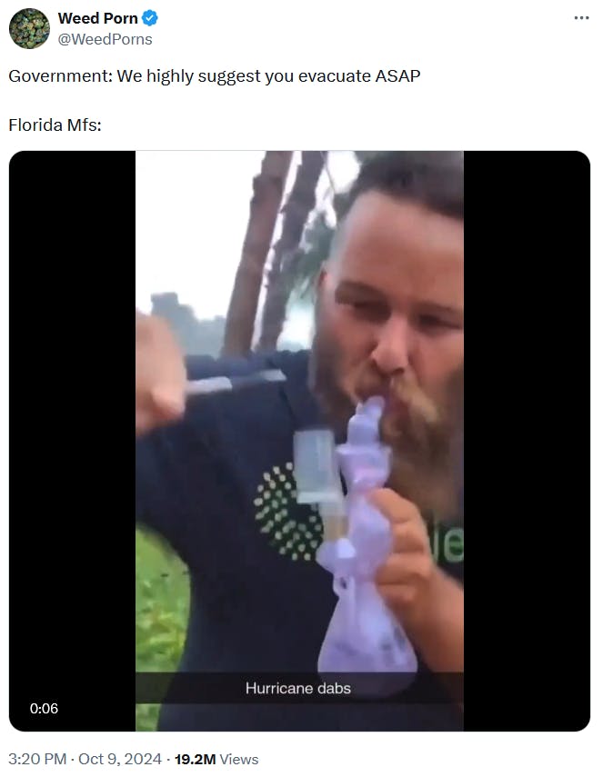 Hurricane Milton meme with a video of a man smoking dabs during a storm.