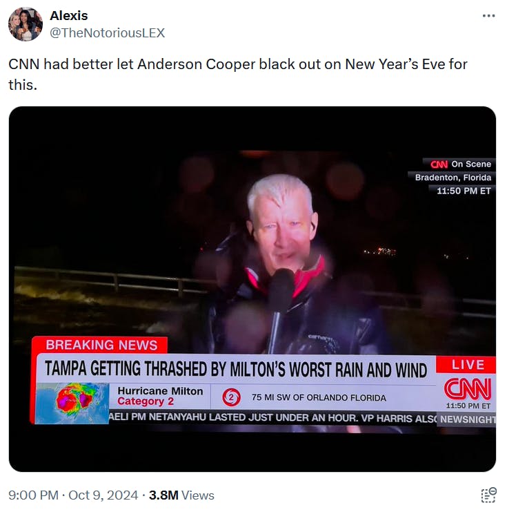 Hurricane Milton meme about Anderson Cooper getting drunk for the New Year's Eve broadcast.