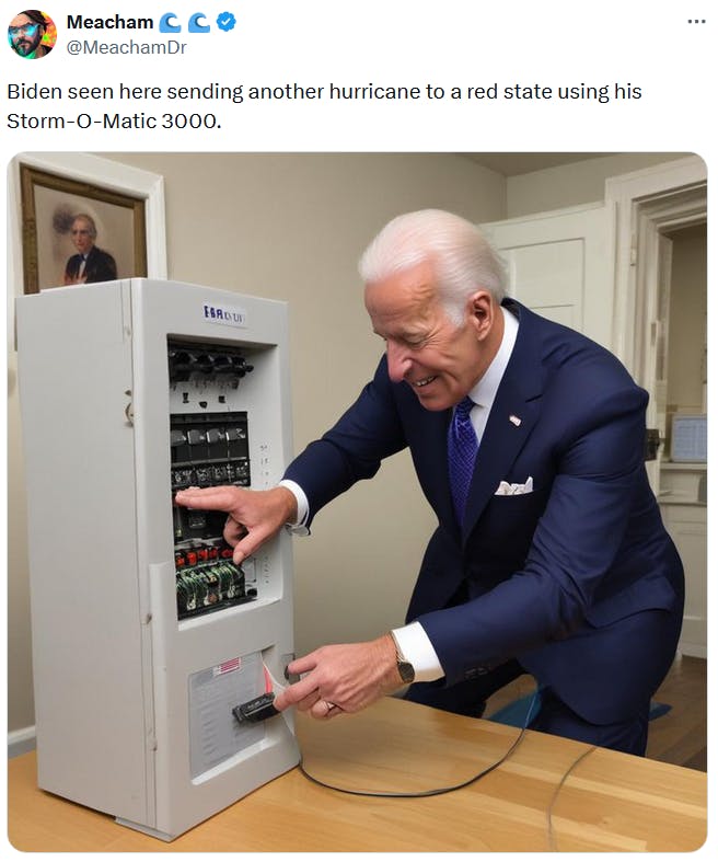 Hurricane Milton meme with an AI image of Joe Biden plugging in the weather machine.