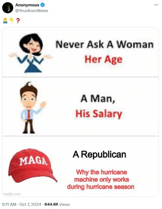 Hurricane Milton meme in the 'never ask a woman her age' format.