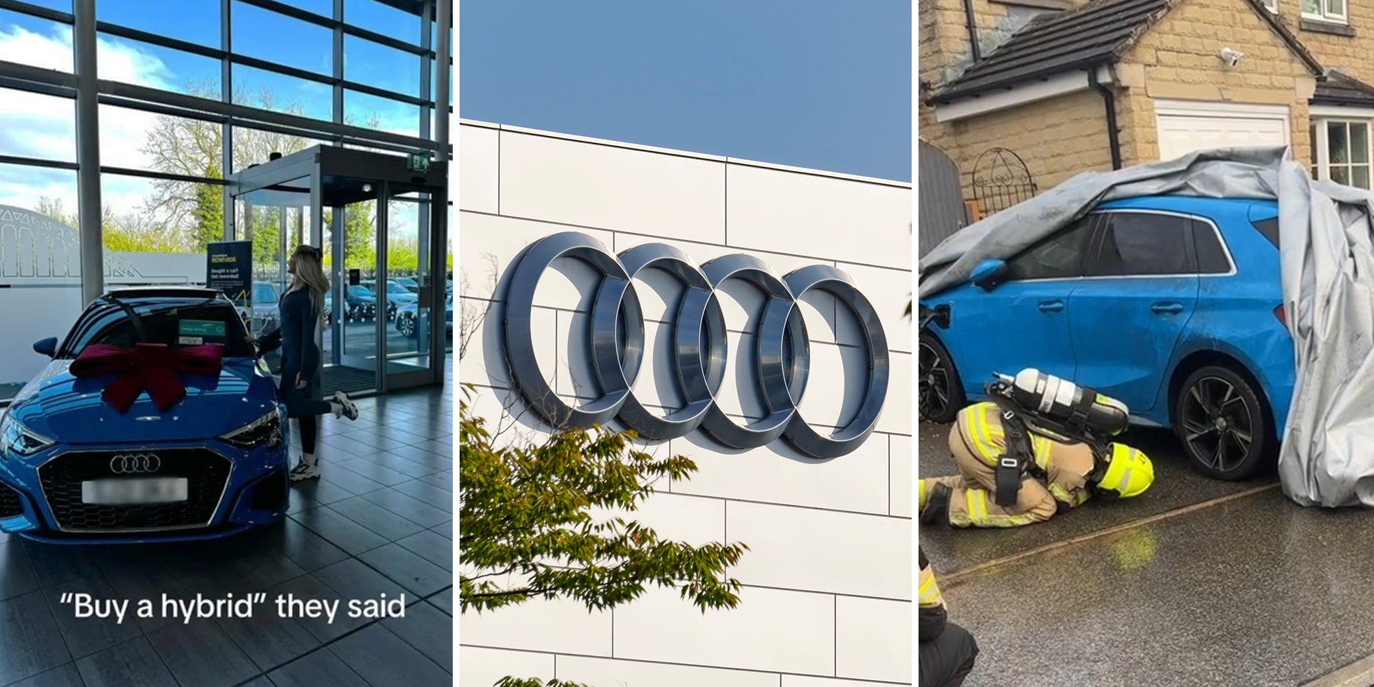 Brand New Blue Hybrid Audi with Woman posing next to it(l) Audi Logo on Building(c) Fireman Checking Blue Audi