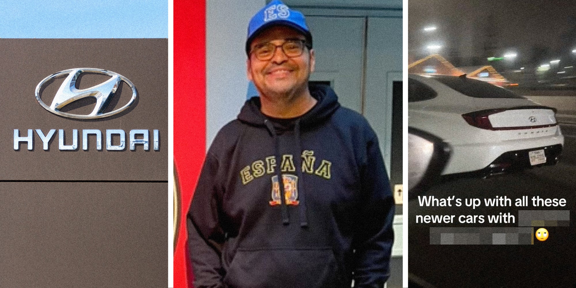 Hyundai sign(l), Man talking(c), Car driver at night with text that says 'what's up with all these newer cars with *censored*'(r)