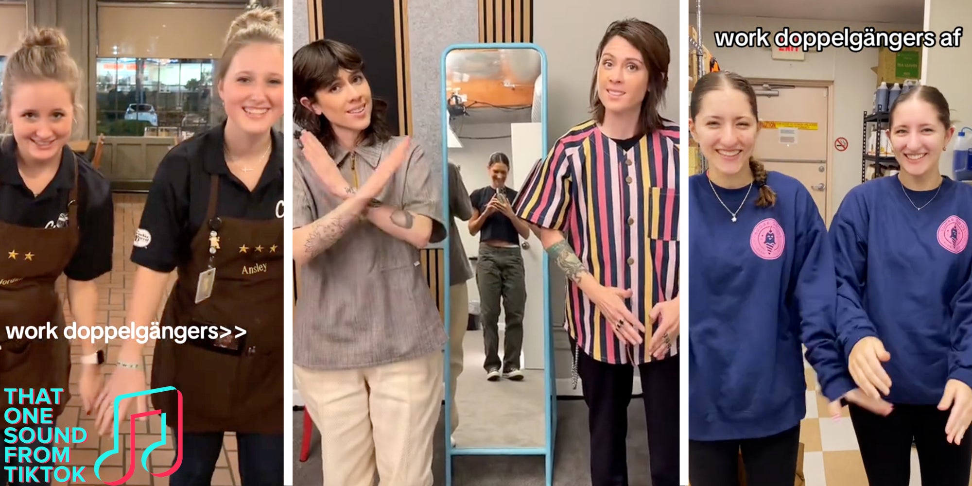 Three split of look alike duos posing together with text that says 'work doppelgangers'