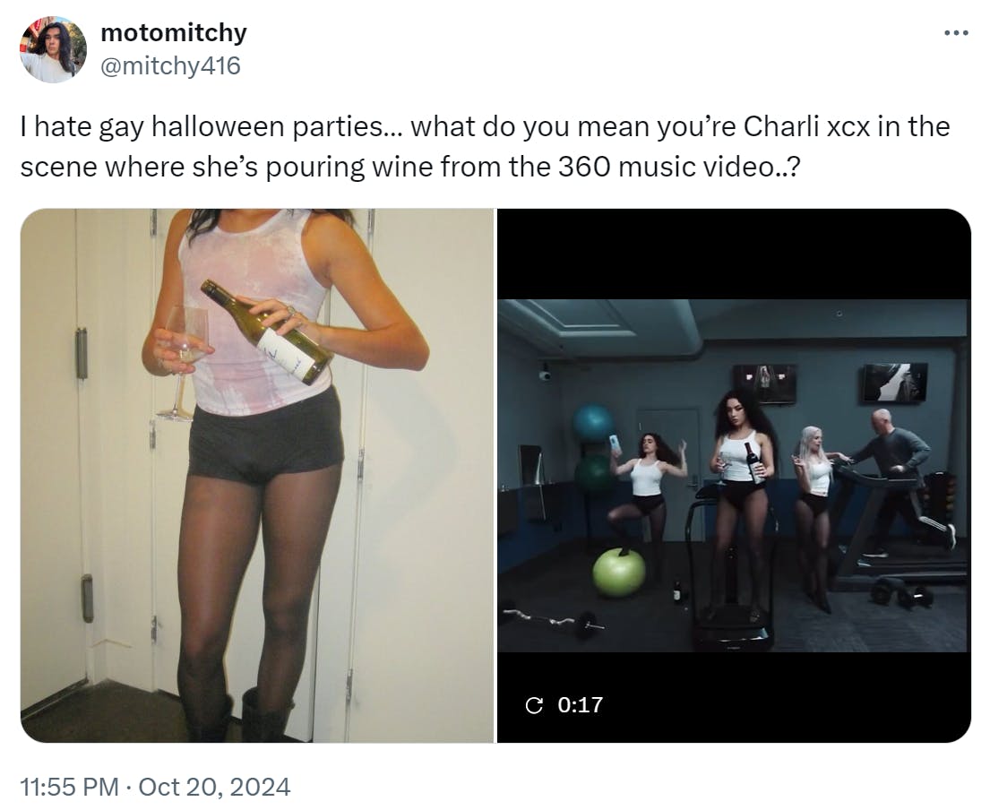 'I hate gay halloween parties… what do you mean you’re Charli xcx in the scene where she’s pouring wine from the 360 music video..?' with a photo of the costume and video from the Charli XCX music video.