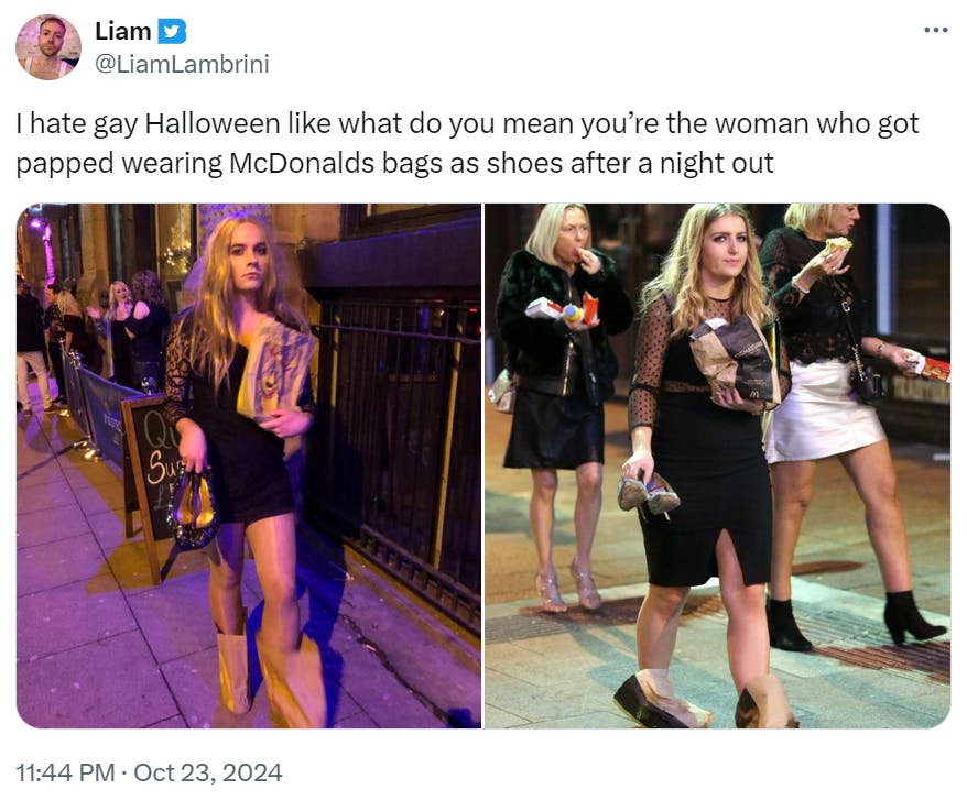 'I hate gay Halloween like what do you mean you’re the woman who got papped wearing McDonalds bags as shoes after a night out' with side by side photos of the costume and inspiration.