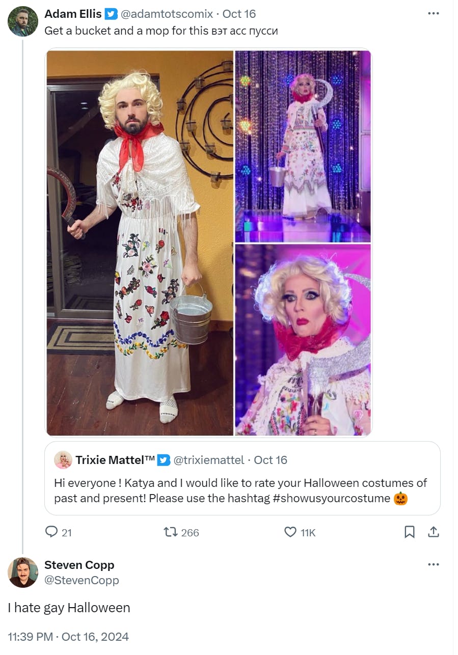 A tweet from Adam Ellis of himself dressed up as one of Katya'sdrag outfits from Ru Paul's Drag Race. A commenter has replied, 'I hate gay Halloween.'