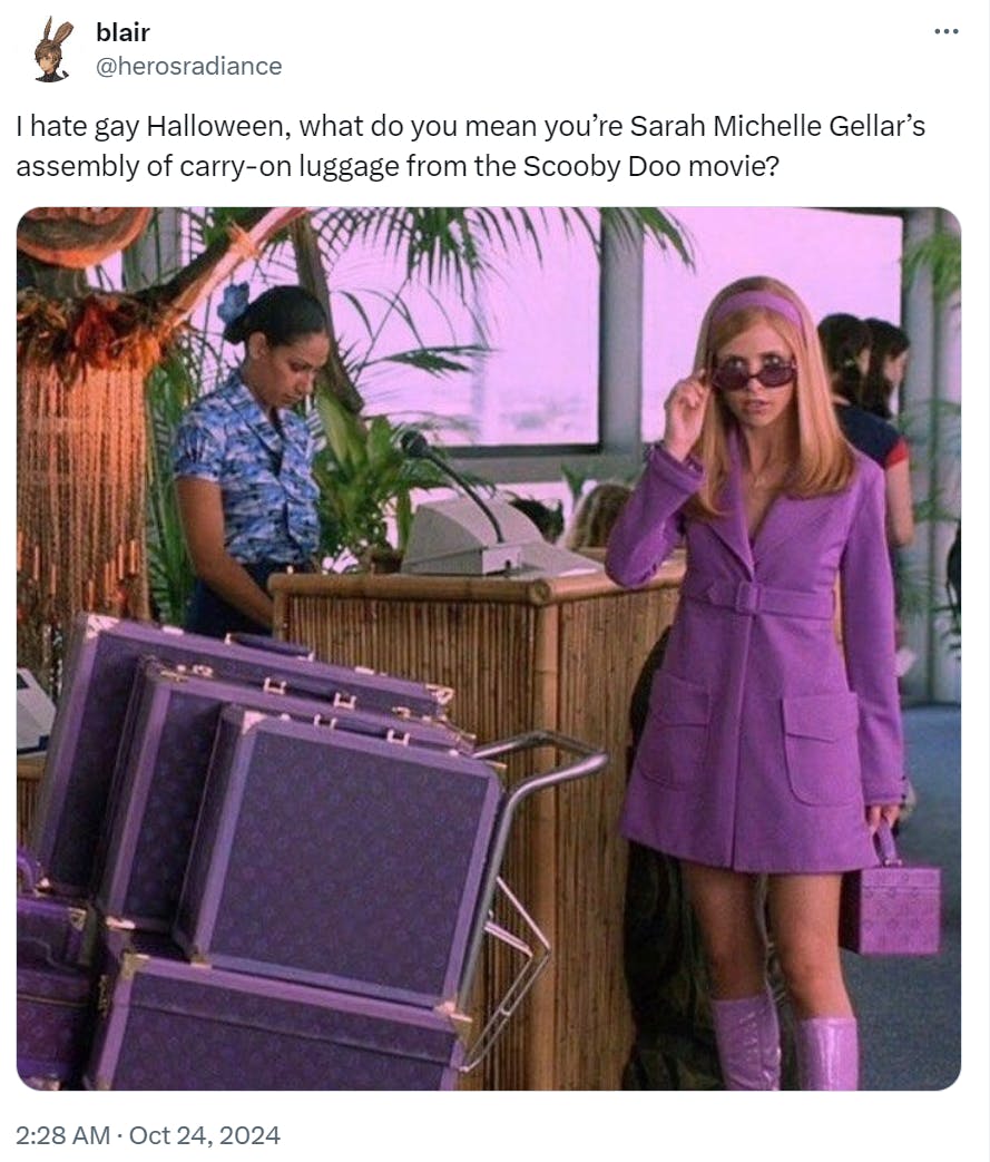 'I hate gay Halloween, what do you mean you’re Sarah Michelle Gellar’s assembly of carry-on luggage from the Scooby Doo movie?' with a photo of