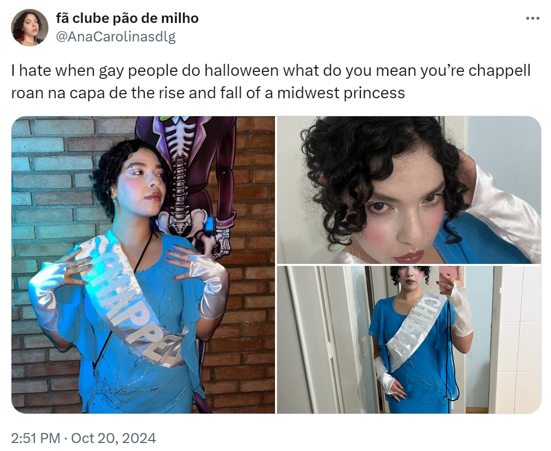 'I hate when gay people do halloween what do you mean you’re chappell roan na capa de the rise and fall of a midwest princess' with photos of the costume.