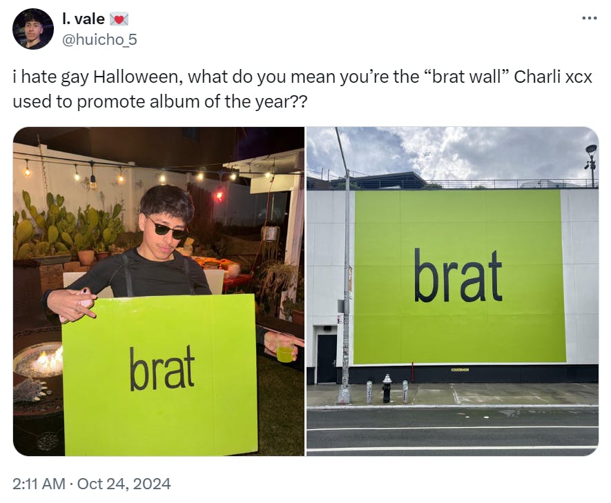 'i hate gay Halloween, what do you mean you’re the “brat wall” Charli xcx used to promote album of the year??' with photos of the costume and inspiration wall.