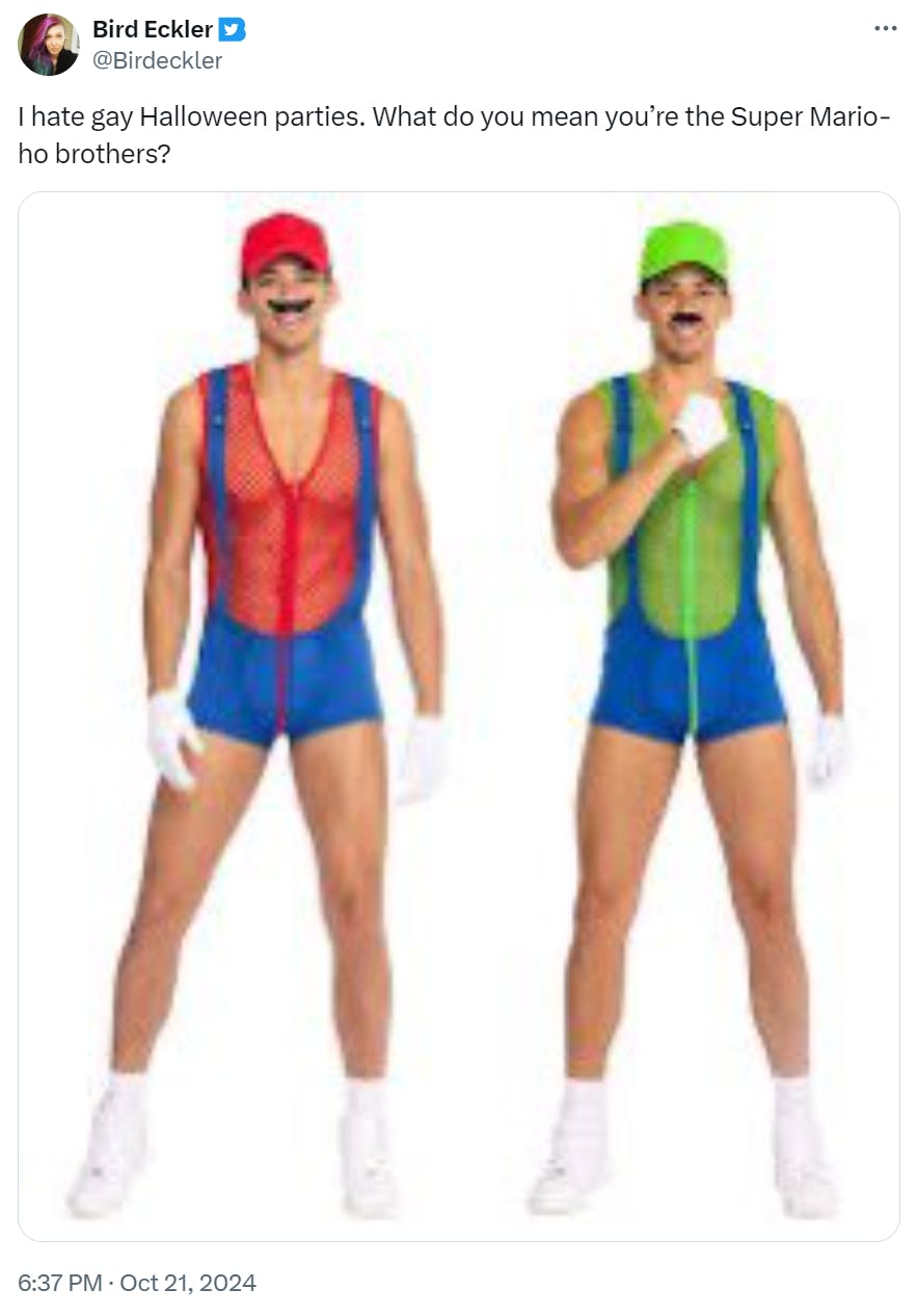 'I hate gay Halloween parties. What do you mean you’re the Super Mario-ho brothers?' with a blurry photo of the two costumes.