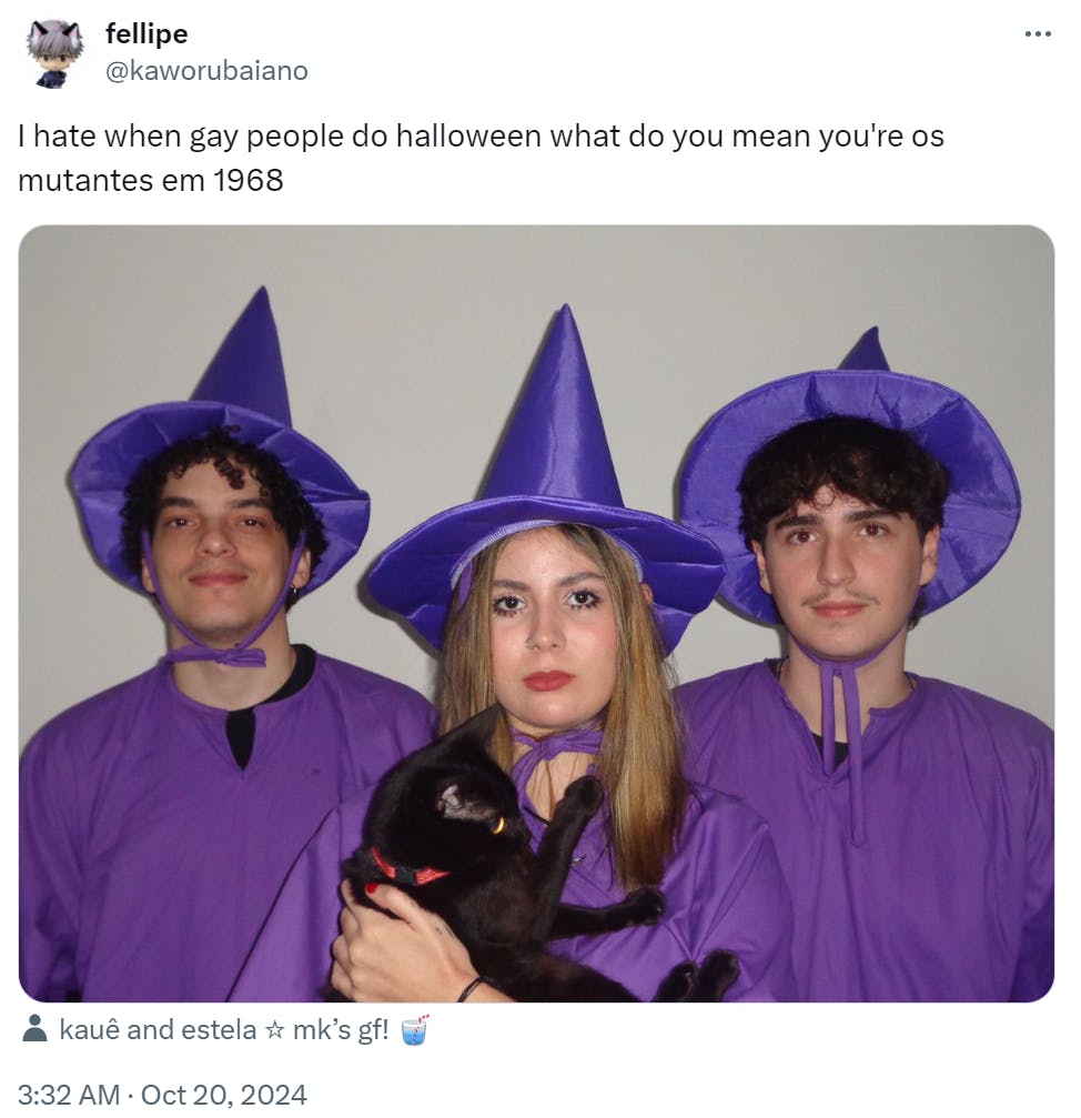 'I hate when gay people do halloween what do you mean you're os mutantes em 1968' with a photo of three young people wearing purple robes and witch hats, the middle one holding a black cat.