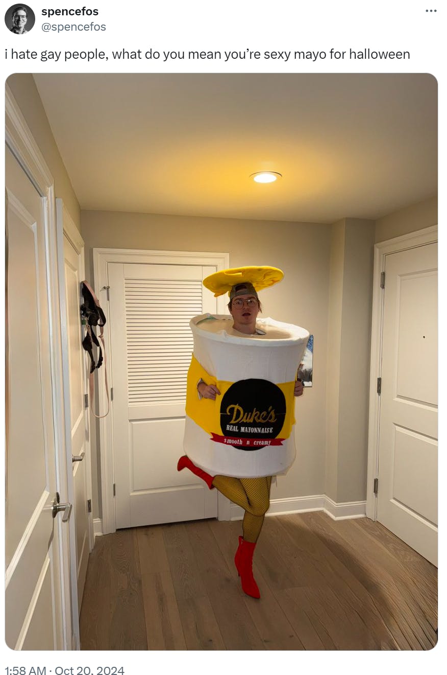 'i hate gay people, what do you mean you’re sexy mayo for halloween' with a photo of the costume.