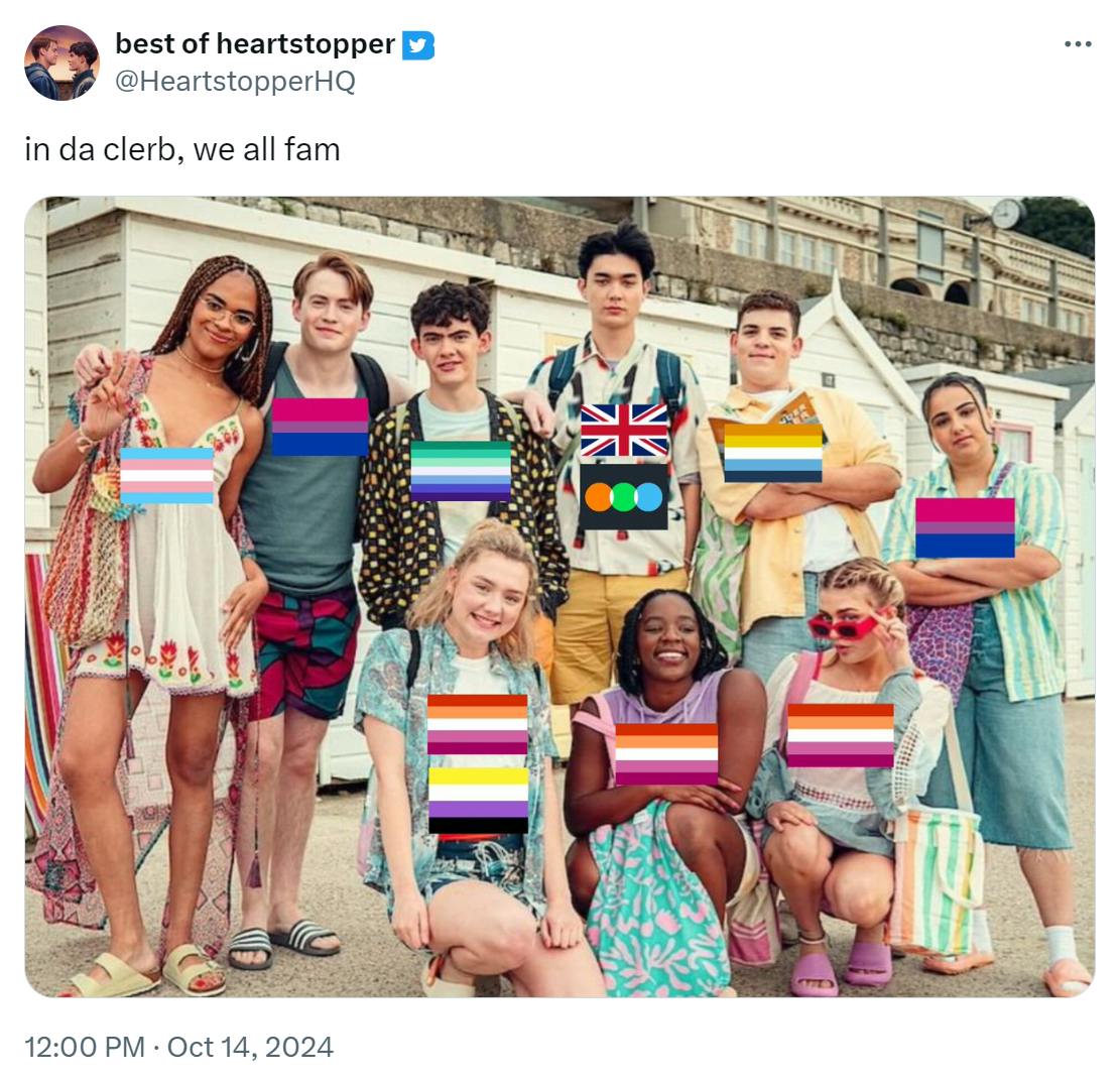 in da clerb we all fam meme featuring the main characters of Heartstopper, their pride flags overlaid on top of their chests.