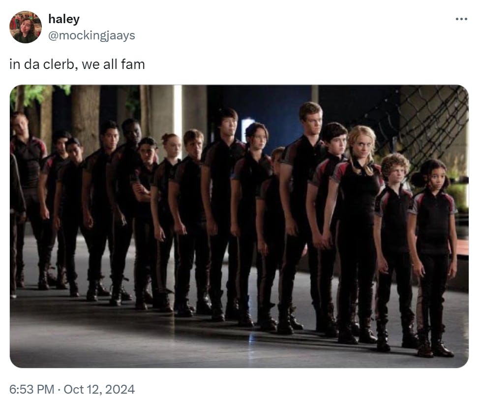 in da clerb we all fam meme featuring the Tributes of the original Hunger Games movie.