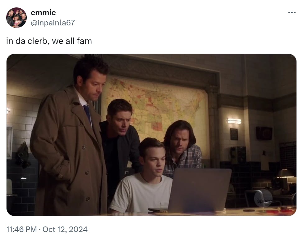 in da clerb we all fam meme featuring the cast of Supernatural.