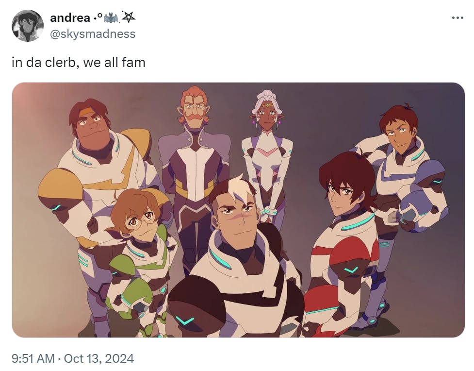 in da clerb we all fam meme featuring the main characters of Voltron: Legendary Defender.