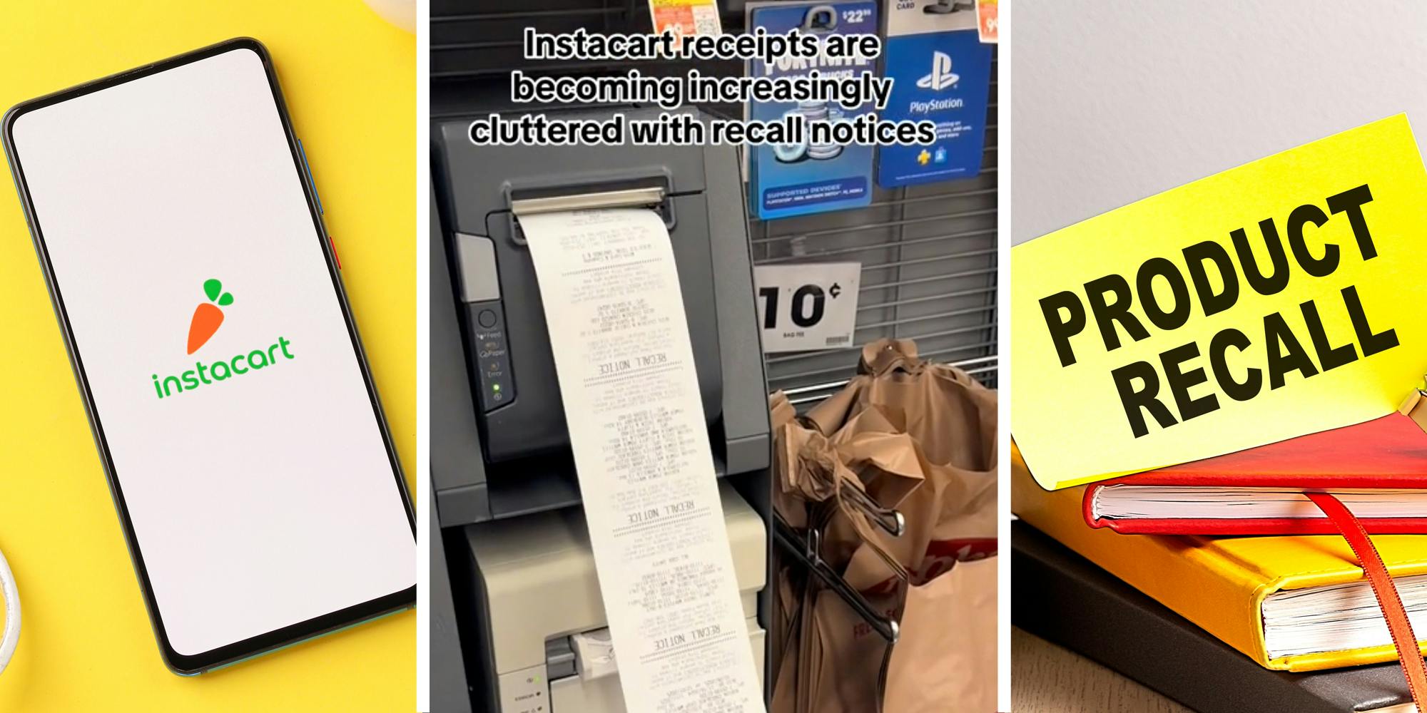 Phone with instacart app(l), Receipt coming out of machine with text that says "Instacart receipts are becoming increasingly cluttered with recall notices"(c), Product recall memo(r)