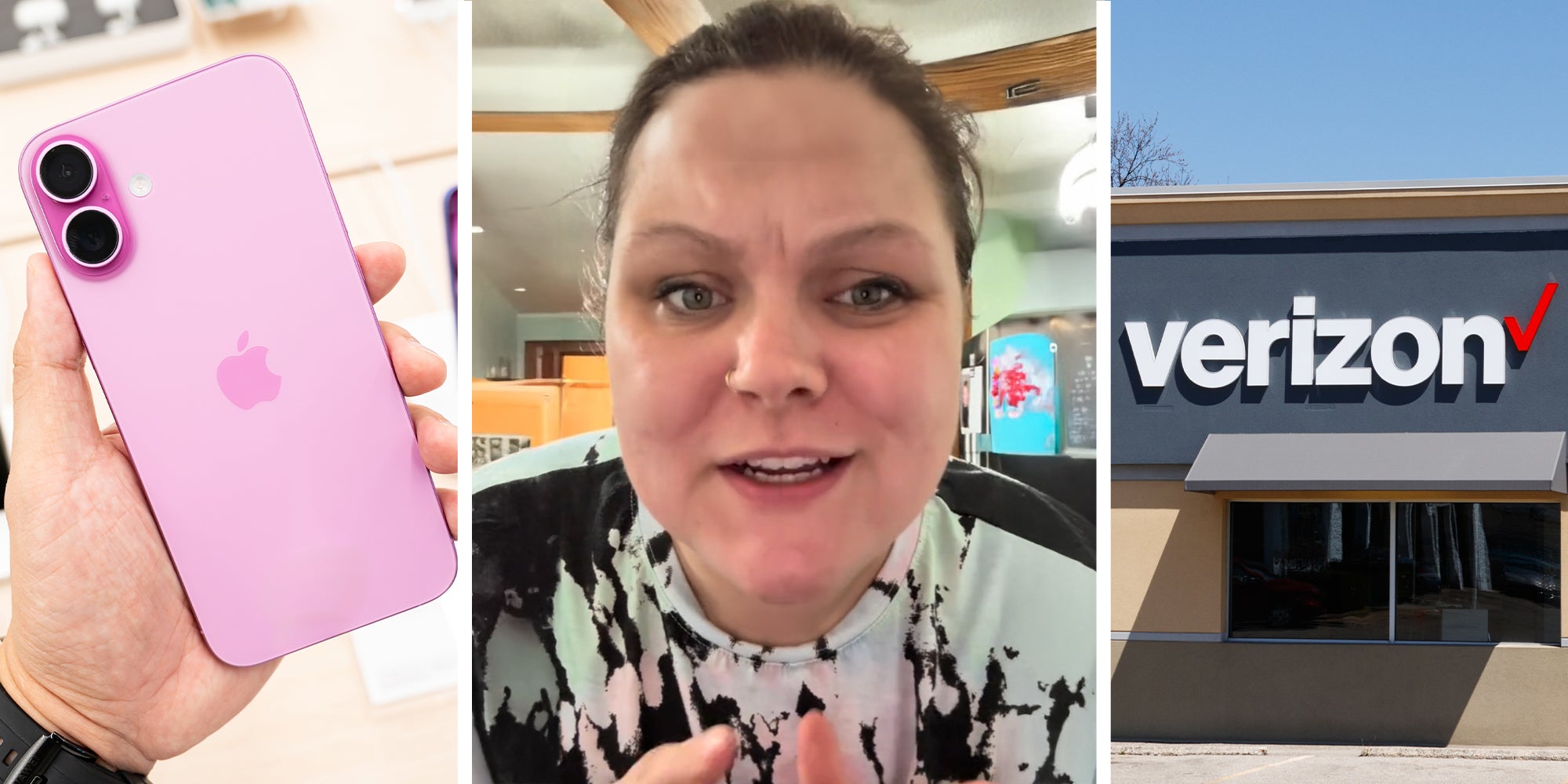 Holding iPhone 16(l) Woman sharing Verizon experience(c) Verizon Store (r)