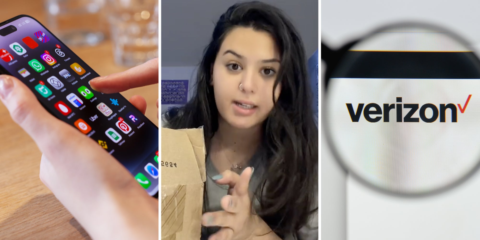 Hand holding Iphone 16(l), Woman with package(c), Verizon logo under magnifying glass(r)