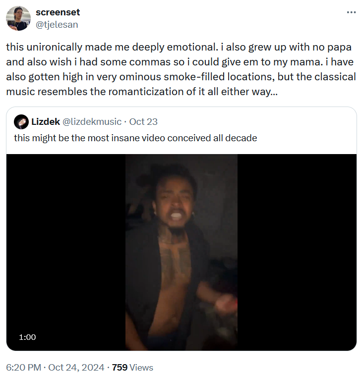 Jitzeh video reaction tweet reading 'this unironically made me deeply emotional. i also grew up with no papa and also wish i had some commas so i could give em to my mama. i have also gotten high in very ominous smoke-filled locations, but the classical music resembles the romanticization of it all either way…'