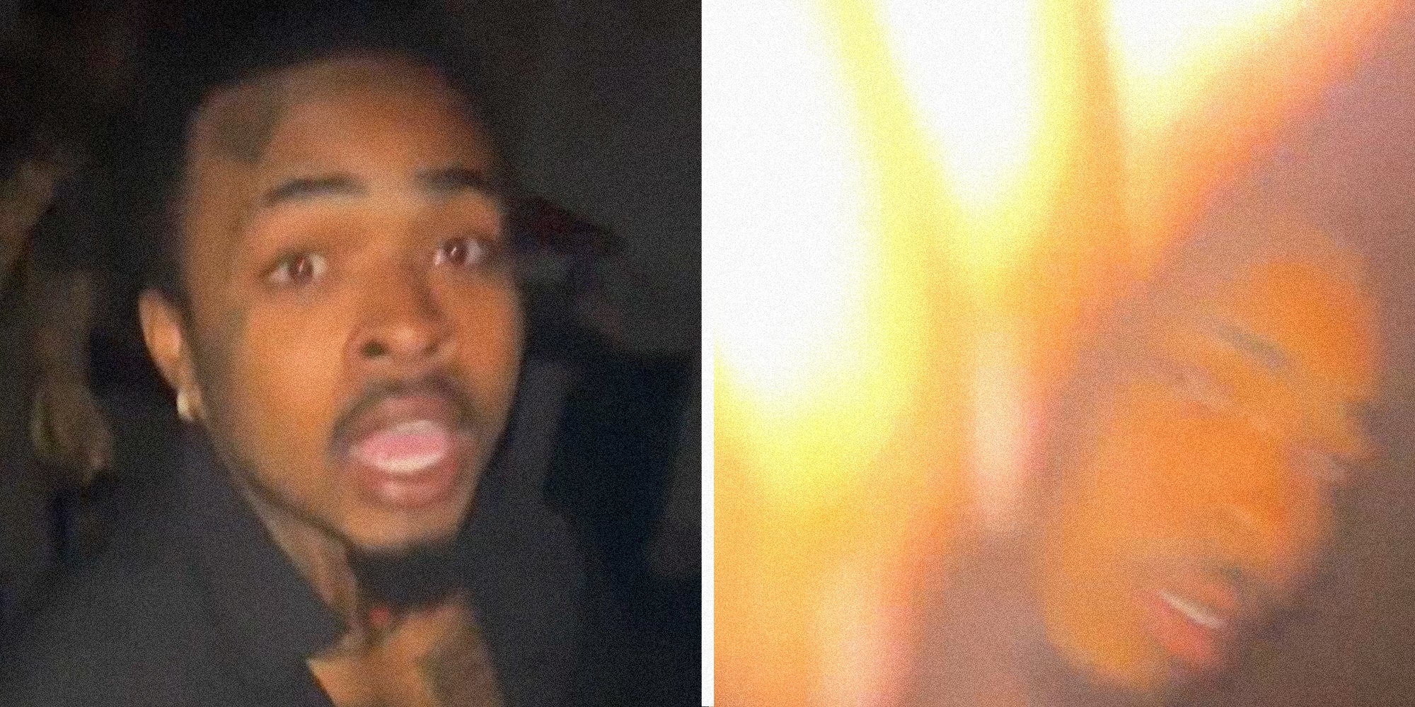 Two panel image of a person in a darkened room.