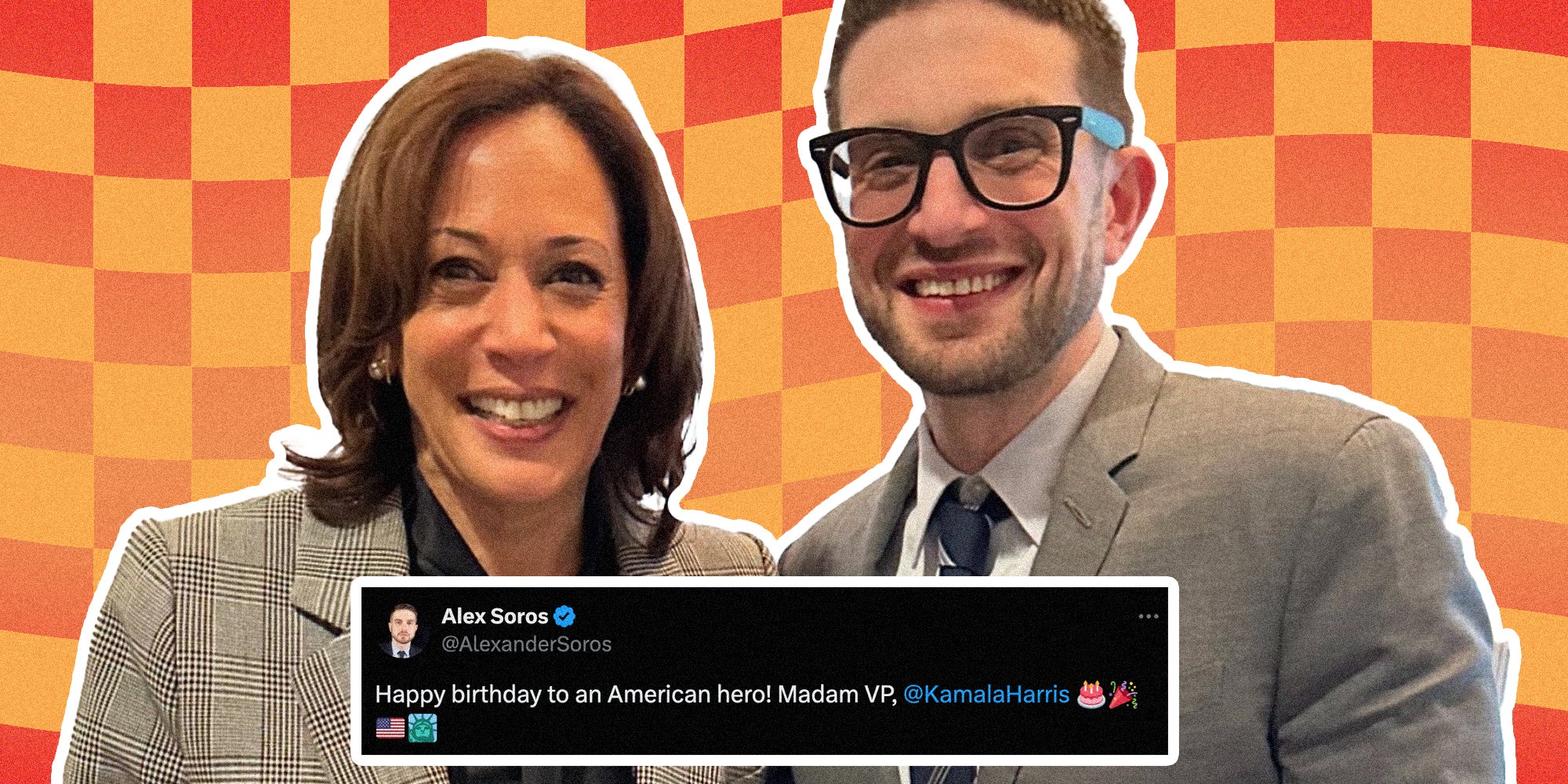 Kamala Harris and Alex Soros with happy birthday tweet