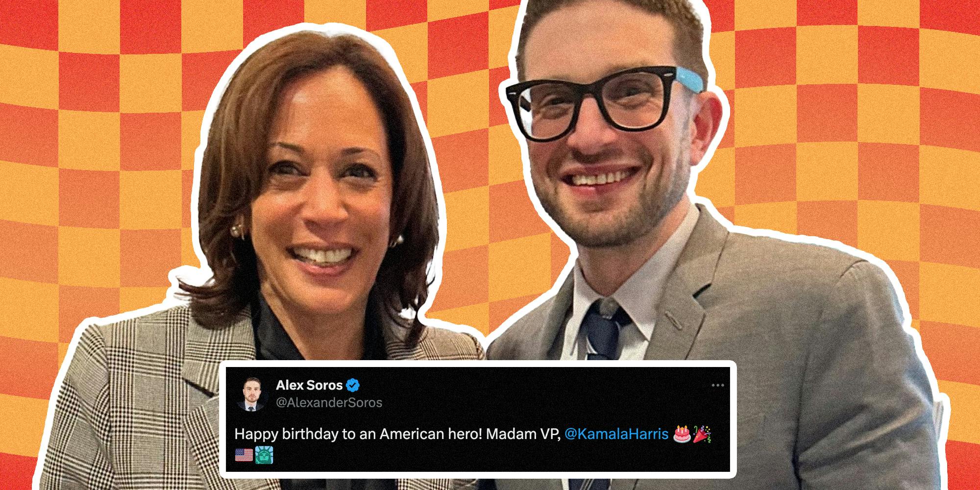 Kamala Harris and Alex Soros with happy birthday tweet