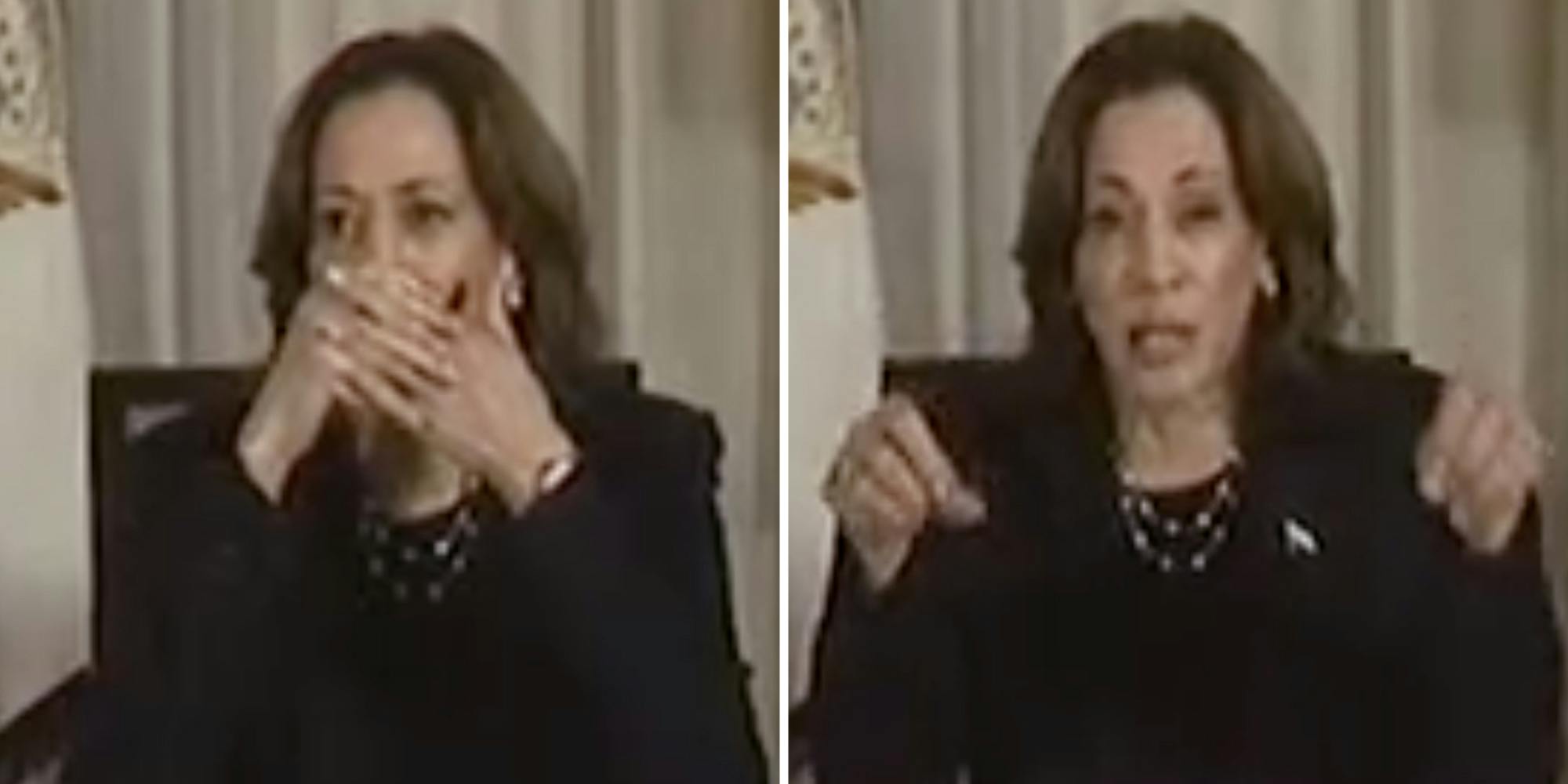 Kamala harris covering mouth(l), Kamala Harris talking(r)