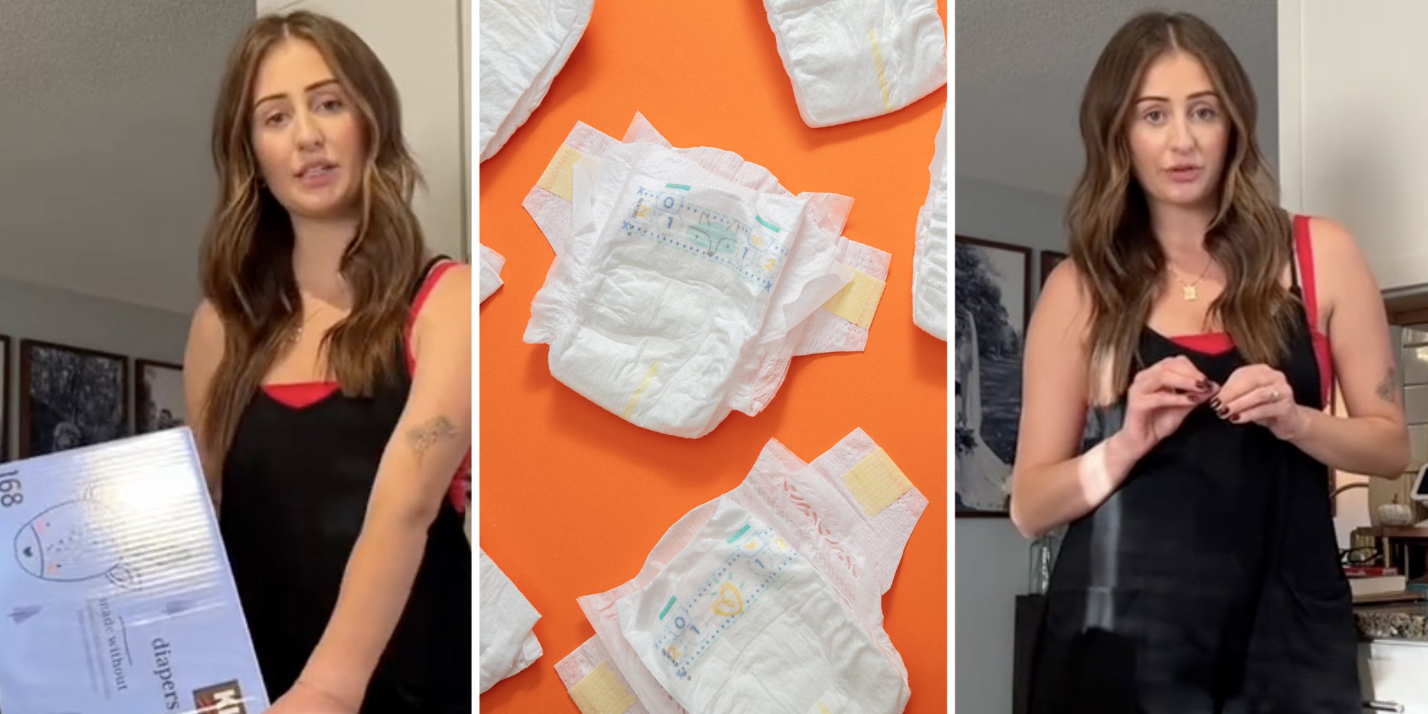 Woman with Kirkland diaper box(l), Diapers on orange background(c), Woman talking(r)