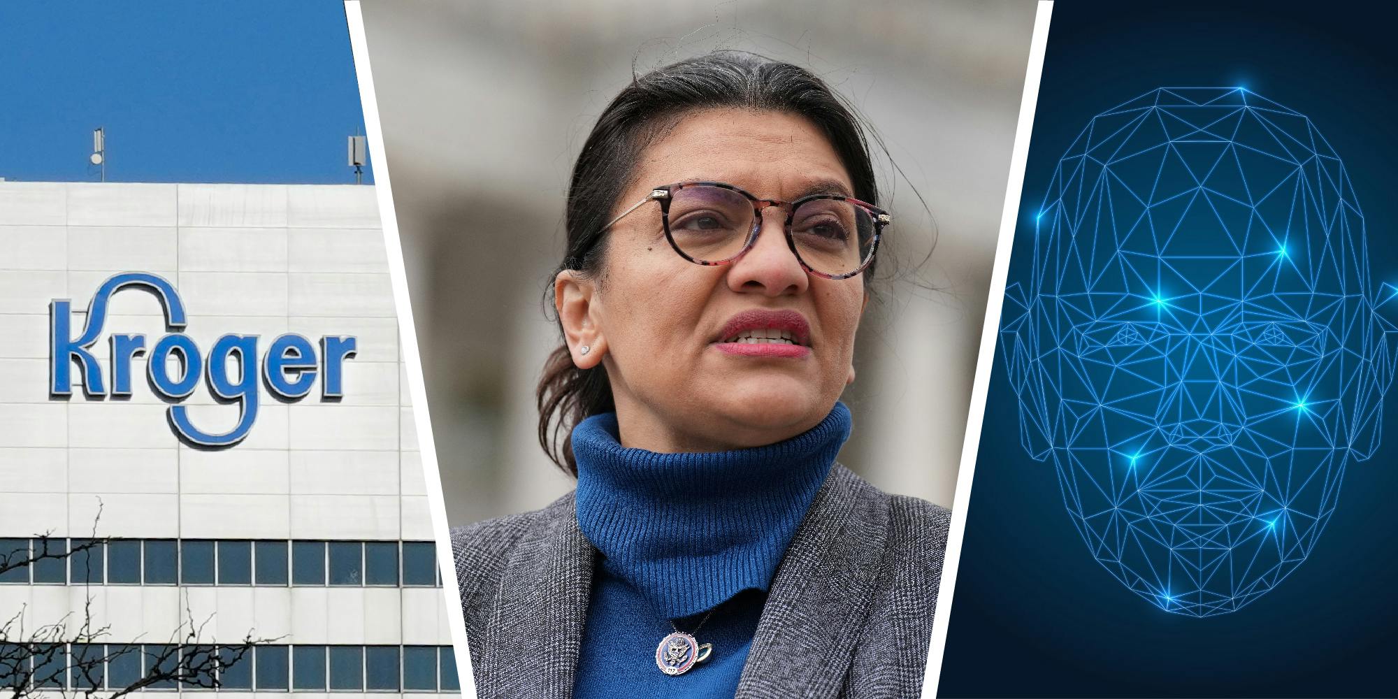 3 panel image of Kroger business building, Representative Rashida Tlaib, and an illustration of facial recognition software