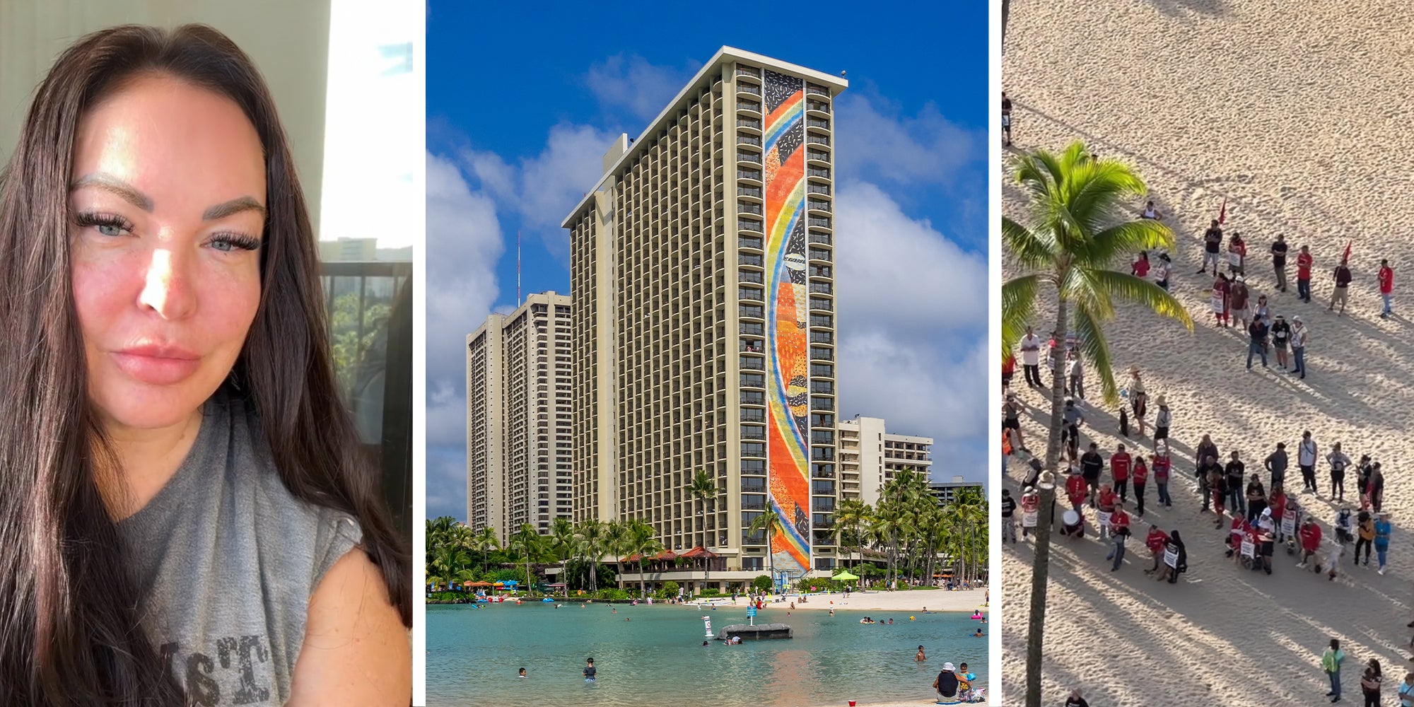 Woman sharing experience on TikTok(l) Hilton Hawaiian(c) People on beach(r)