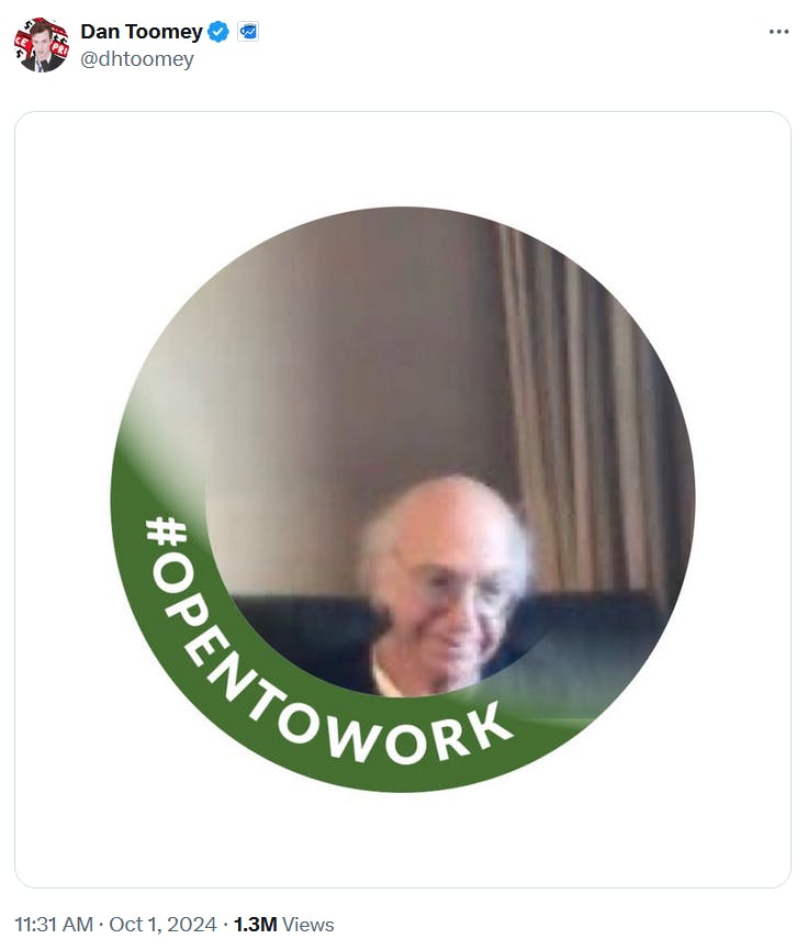 Larry David Zoom call meme as an 'open to work' LinkedIn profile photo.