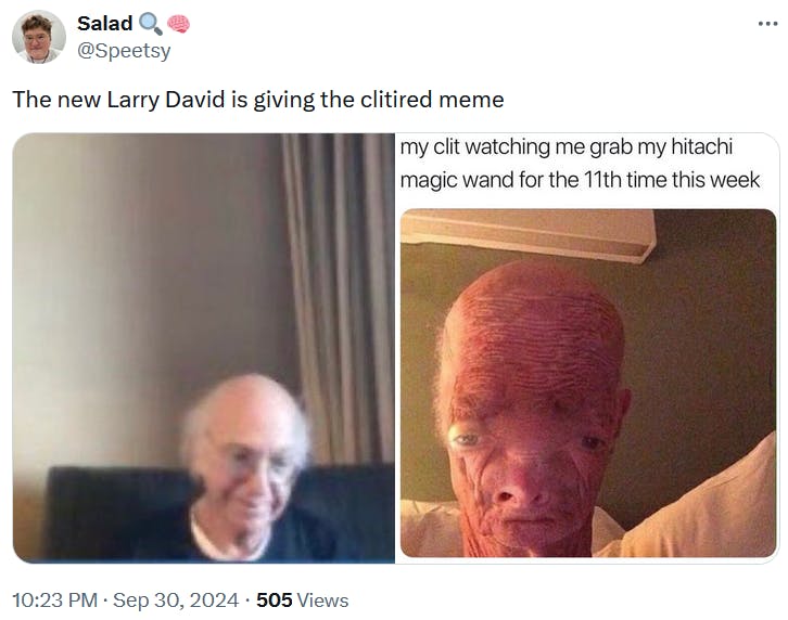 Larry David Zoom call meme comparing it to the clitired meme.