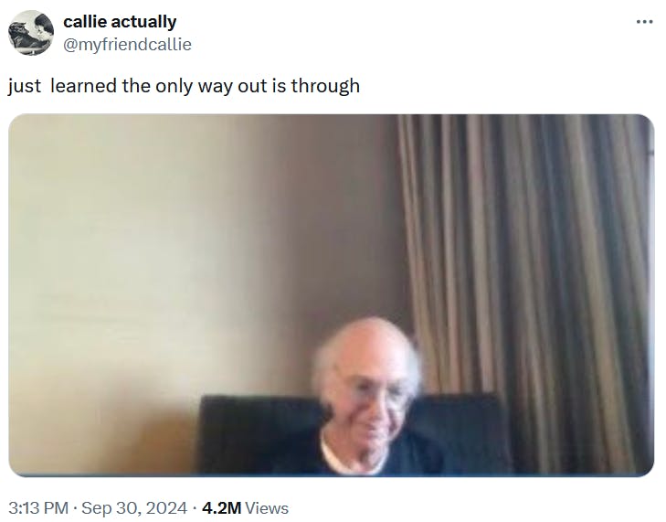 Larry David Zoom call meme about realizing that the only way out is through.