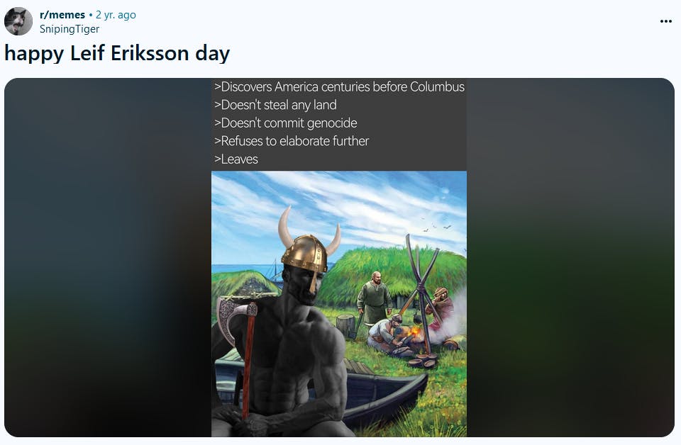 Leif Erikson Day meme depicting the Viking as a gigachad.