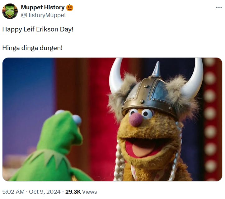 Muppet History tweet with Fozzy in a Viking helmet.