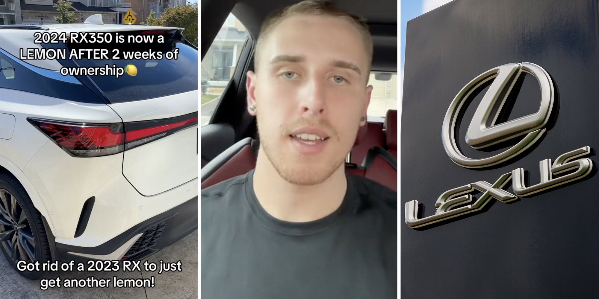 White lexus with text that says '204 RX350 is now a lemon after 2 weeks of ownership - Got rid of a 2023 RX to just get another lemon.'(l), Man talking(c), Lexus sign(r)