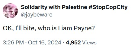 Tweet reading 'the hottest girl you know skipped school when zayn left one direction and is skipping university today because liam payne died.'