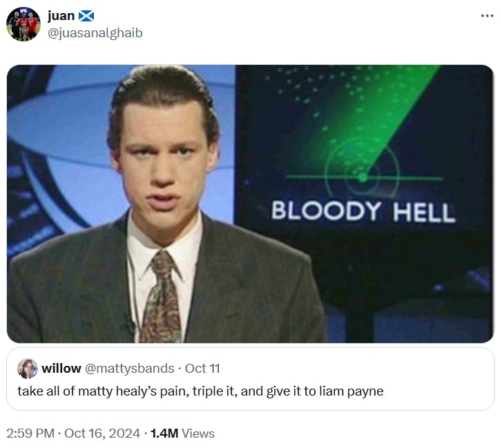 Liam Payne meme with an image of a news reporter in front of a backdrop that says 'bloody hell.'