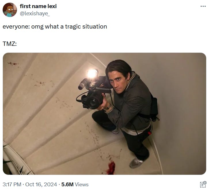 Liam Payne meme with a screenshot of a camera operator in a bloody stairwell.